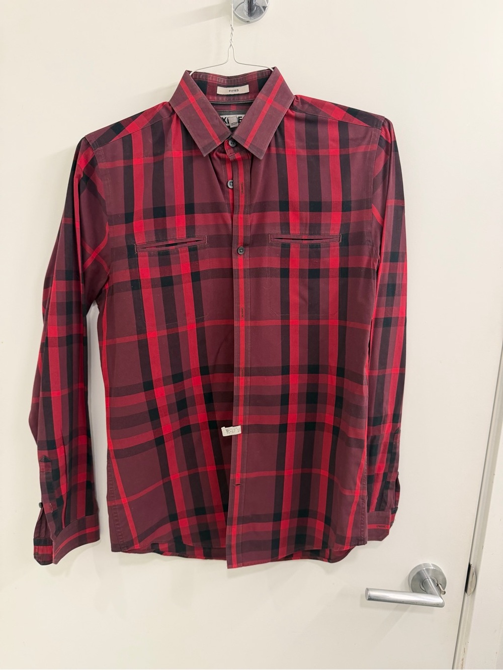 Express Men's Red and Black Plaid Button-Down Shirt